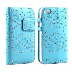 iPhone 4S 4 Diamond Flip Leather Wallet Case (Blue)